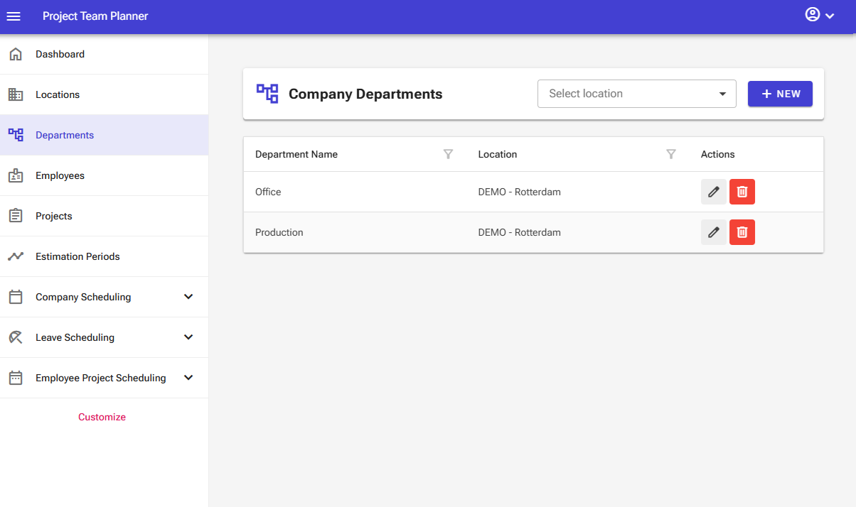Departments screen