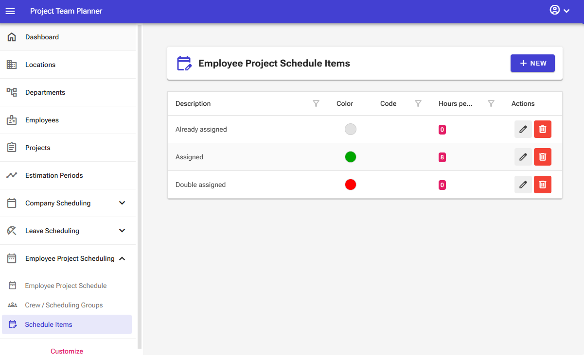 Schedule items screen