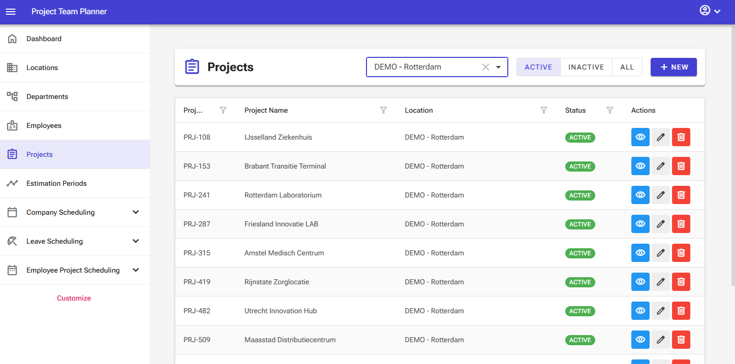 Projects screen