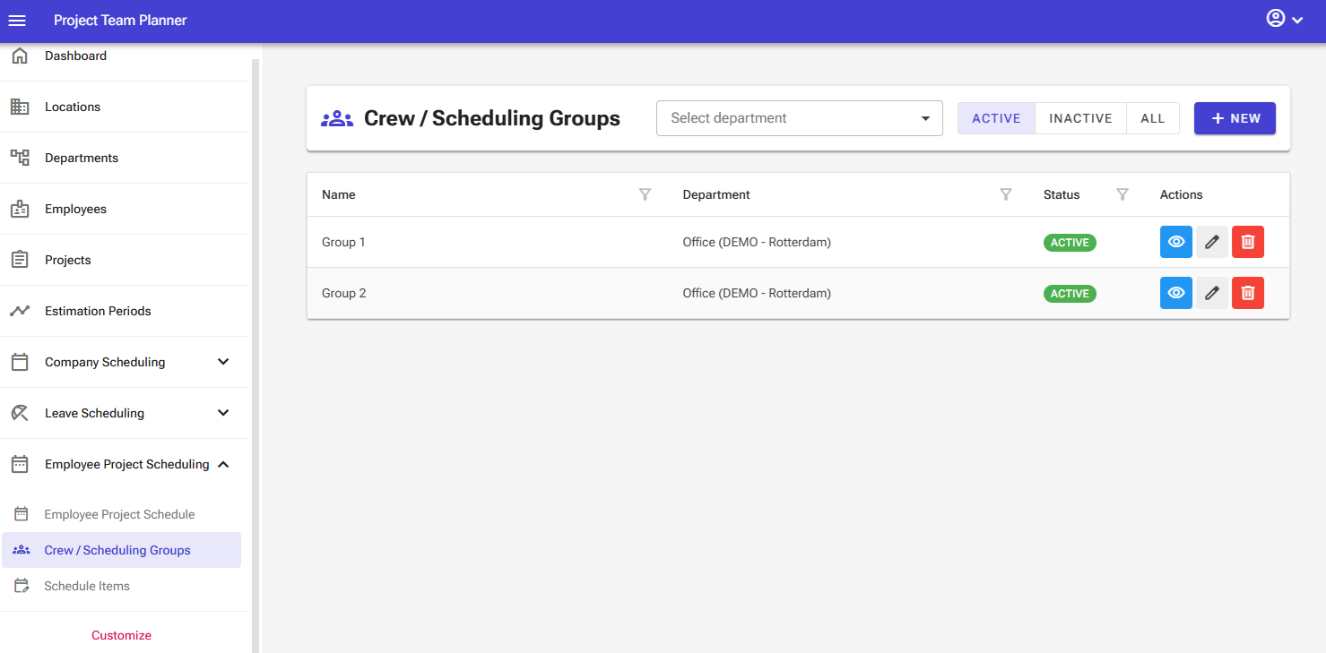 Schedule groups screen