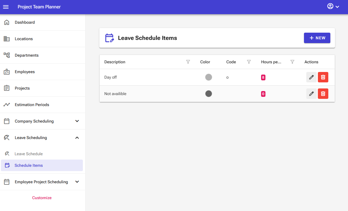 Schedule items screen