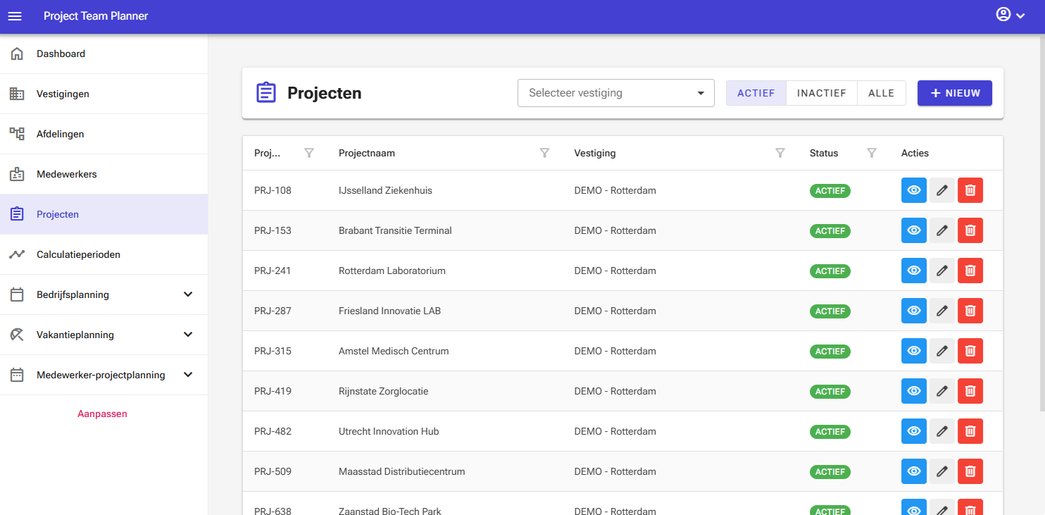 Projects screen